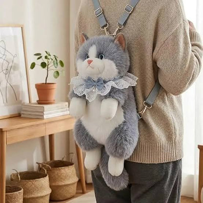 Cute Plush Cat Backpack Realistic Cat Shaped Bag Kawaii Cat Backpack Stuffed Animal Backpack Soft Plush Shoulder Bag Crossbody Cat Purse Women
