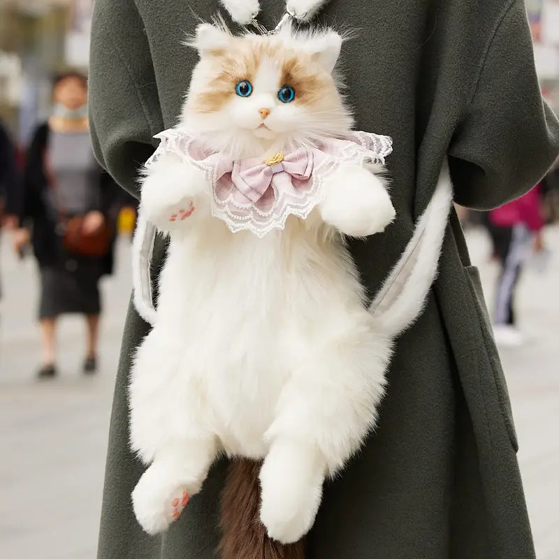 Cute Plush Cat Backpack Realistic Cat Shaped Bag Kawaii Cat Backpack Stuffed Animal Backpack Soft Plush Shoulder Bag Crossbody Cat Purse Women