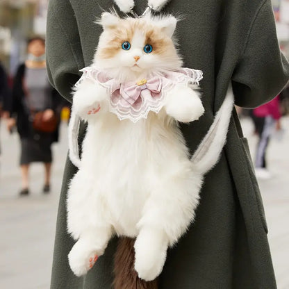 Cute Plush Cat Backpack Realistic Cat Shaped Bag Kawaii Cat Backpack Stuffed Animal Backpack Soft Plush Shoulder Bag Crossbody Cat Purse Women