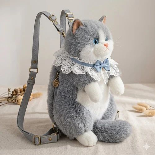 Cute Plush Cat Backpack Realistic Cat Shaped Bag Kawaii Cat Backpack Stuffed Animal Backpack Soft Plush Shoulder Bag Crossbody Cat Purse Women